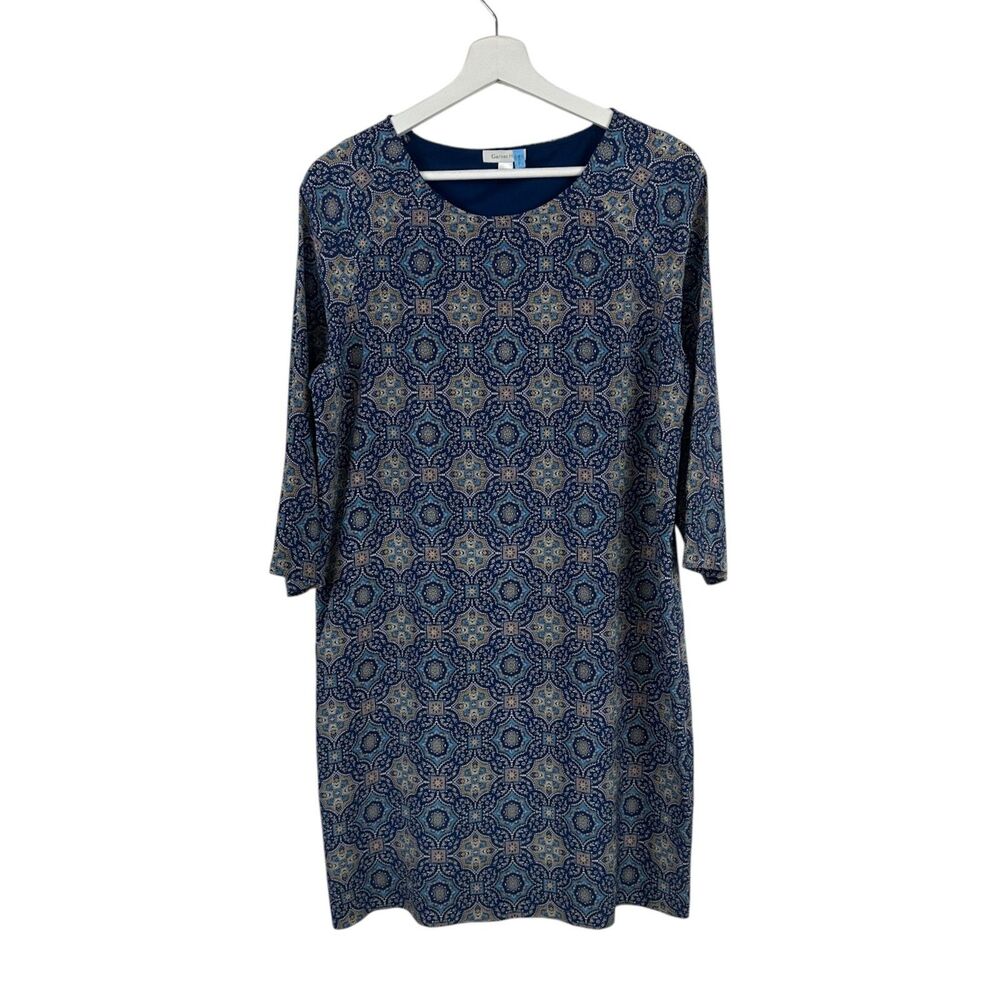 Garnet Hill 6 Blue Silk Medallion Shift Dress 3/4 Sleeve Scoop Neck Retro 60s